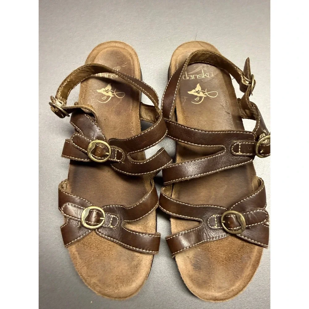 Dansko Brown Leather Strappy‎ Comfort Sandals Buckle Ankle Strap Womens